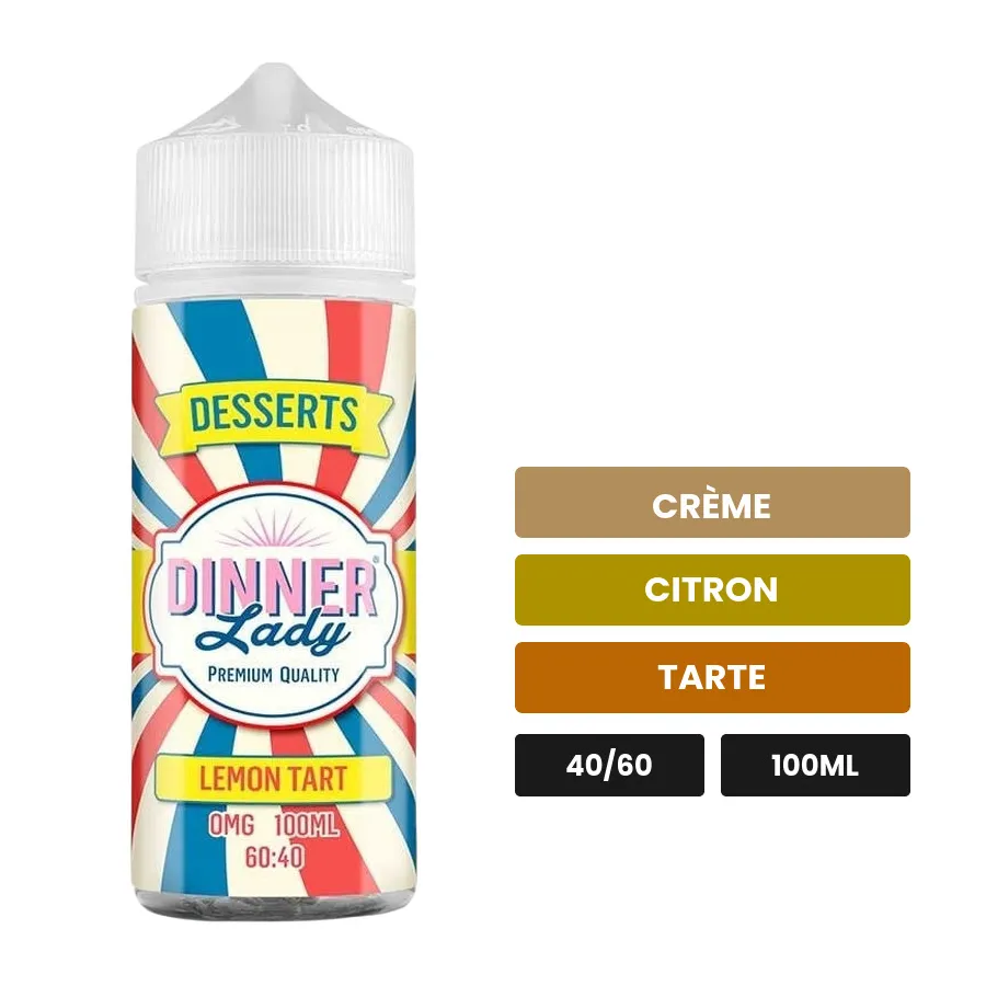 E-liquide Lemon Tart de Dinner Lady, 100 ml, saveurs crème, citron et tarte, sans nicotine — prêt à booster de nicotine.