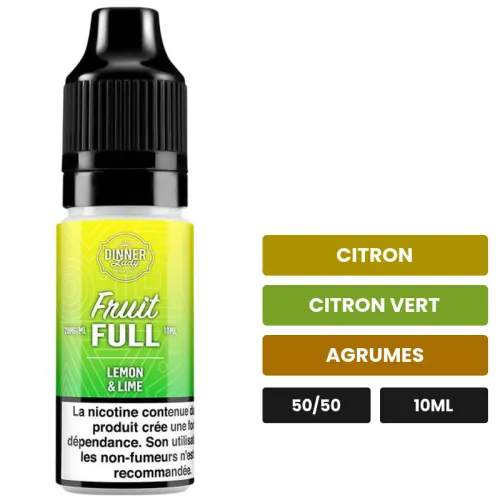 E-liquide Lemon Lime de Dinner Lady, 10 ml, saveurs citron, citron vert et agrumes, contient de la nicotine — taux indiqué.