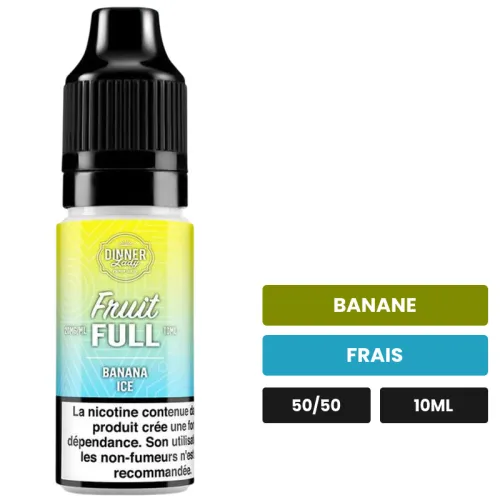 E-liquide Banana Ice de Dinner Lady, 10 ml, saveurs banane et frais, contient de la nicotine — taux indiqué sur le produit.