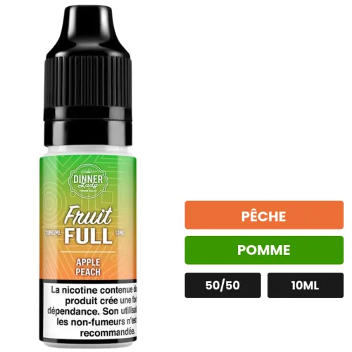 E-liquide Apple Peach de Dinner Lady, 10 ml, saveurs pêche et pomme, contient de la nicotine — taux indiqué sur le produit.