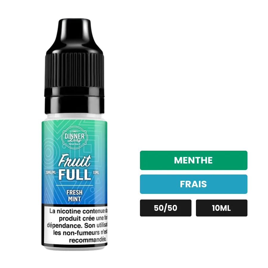 E-liquide Fresh Mint de Dinner Lady, 10 ml, saveurs menthe et frais, contient de la nicotine — taux indiqué sur le produit.