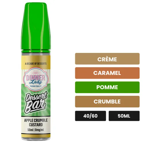 E-liquide Apple Crumble Custard de Dinner Lady, 50 ml, saveurs crème, caramel, pomme et 2 autres, sans nicotine — prêt à.