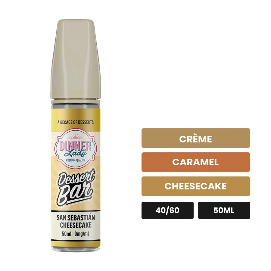 E-liquide San Sebastian Cheesecake de Dinner Lady, 50 ml, saveurs crème, caramel et cheesecake.