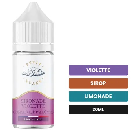 Arome concentre Sironade Violette de Petit Nuage, 30 ml, saveurs violette, sirop et limonade, sans nicotine — arôme à diluer.