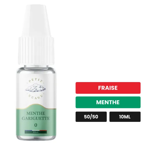 E-liquide Menthe Gariguette de Petit Nuage, 10 ml, saveurs fraise et menthe.