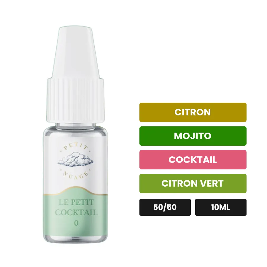 E-liquide Le Petit Cocktail de Petit Nuage, 10 ml, saveurs citron, mojito, cocktail et 2 autres.
