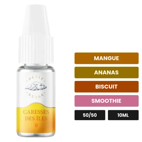 E-liquide Caresses des Îles de Petit Nuage, 10 ml, saveurs mangue, ananas, biscuit et 1 autre.
