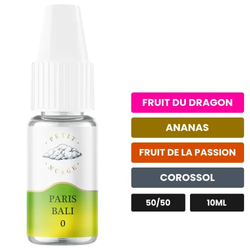E-liquide Paris Bali de Petit Nuage, 10 ml, saveurs fruit du dragon, ananas, fruit de la passion et 1 autre.