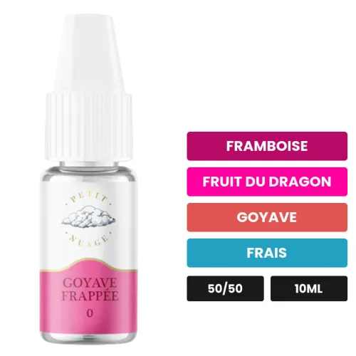 E-liquide Goyave Frappée de Petit Nuage, 10 ml, saveurs framboise, fruit du dragon, goyave et 1 autre.