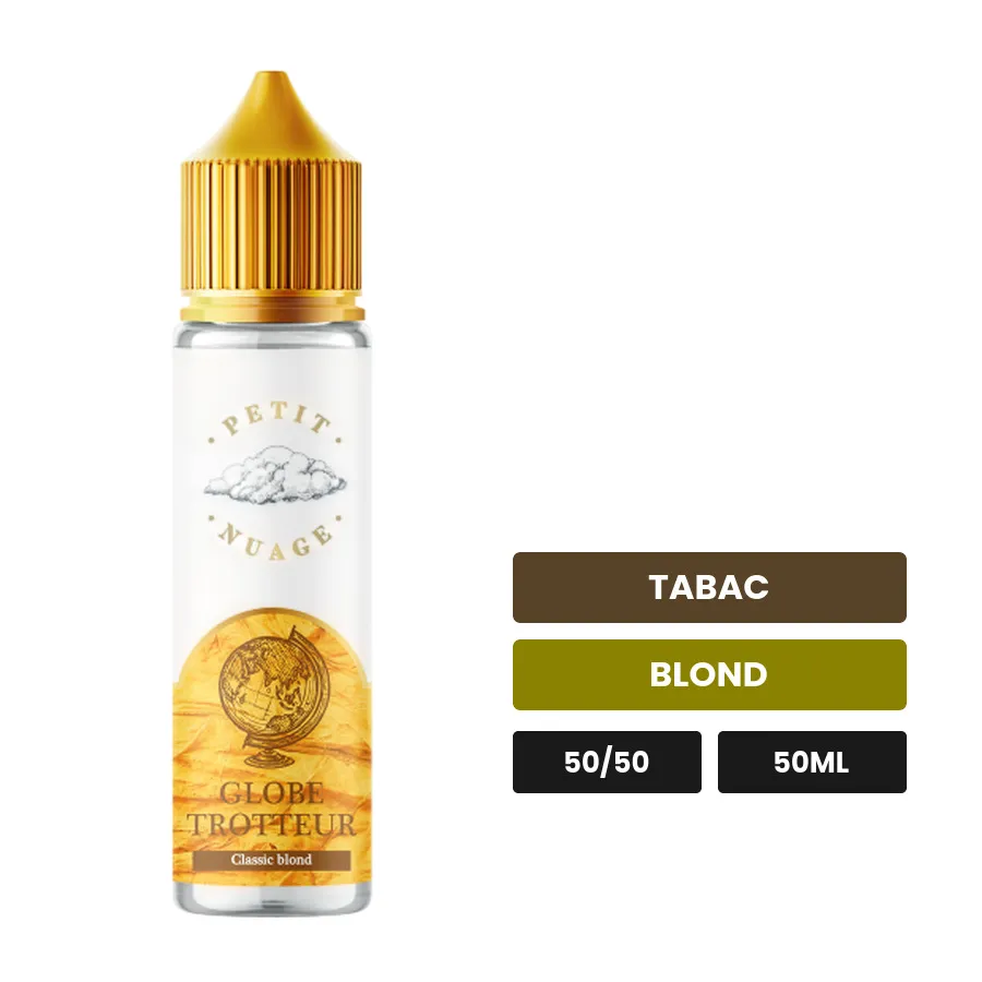 E-liquide Globe Trotteur de Petit Nuage, 50 ml, saveurs tabac et blond, sans nicotine — prêt à booster de nicotine.