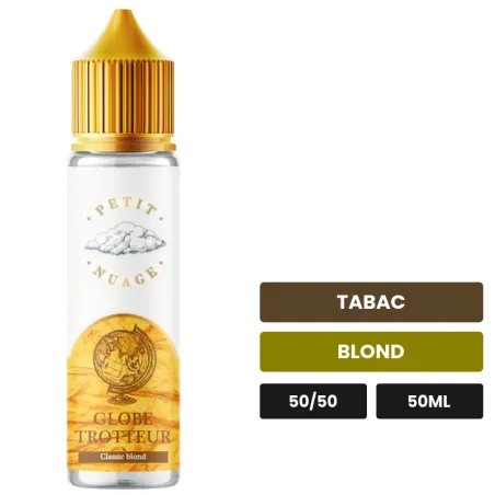E-liquide Globe Trotteur de Petit Nuage, 50 ml, saveurs tabac et blond, sans nicotine — prêt à booster de nicotine.