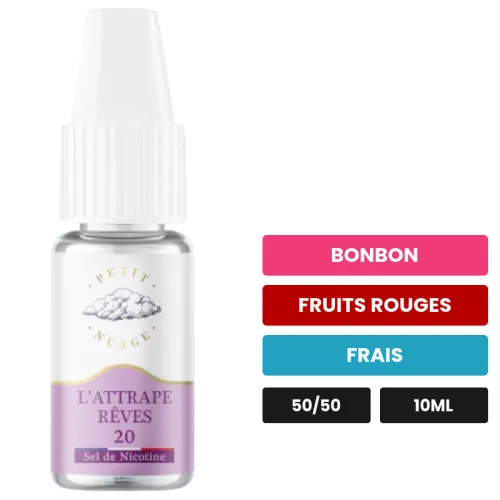E-liquide L'Attrape Rêve de Petit Nuage, 10 ml, saveurs bonbon, fruits rouges et frais, 10 mg de nicotine.