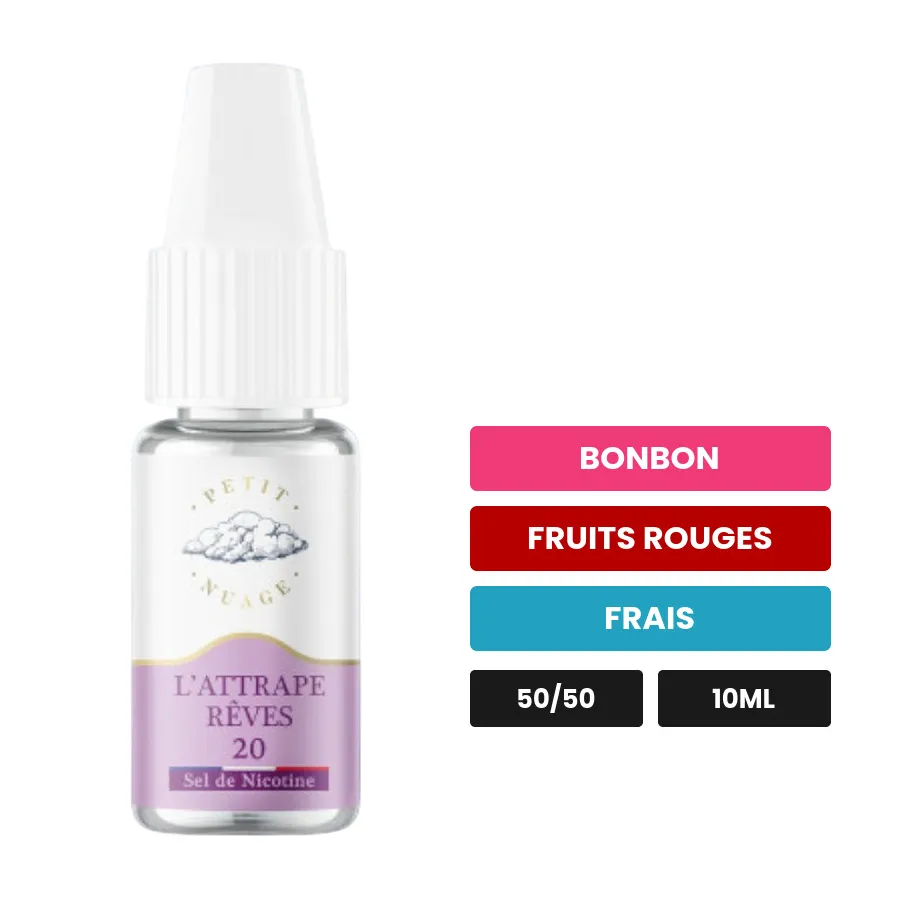 E-liquide L'Attrape Rêve de Petit Nuage, 10 ml, saveurs bonbon, fruits rouges et frais, 10 mg de nicotine.