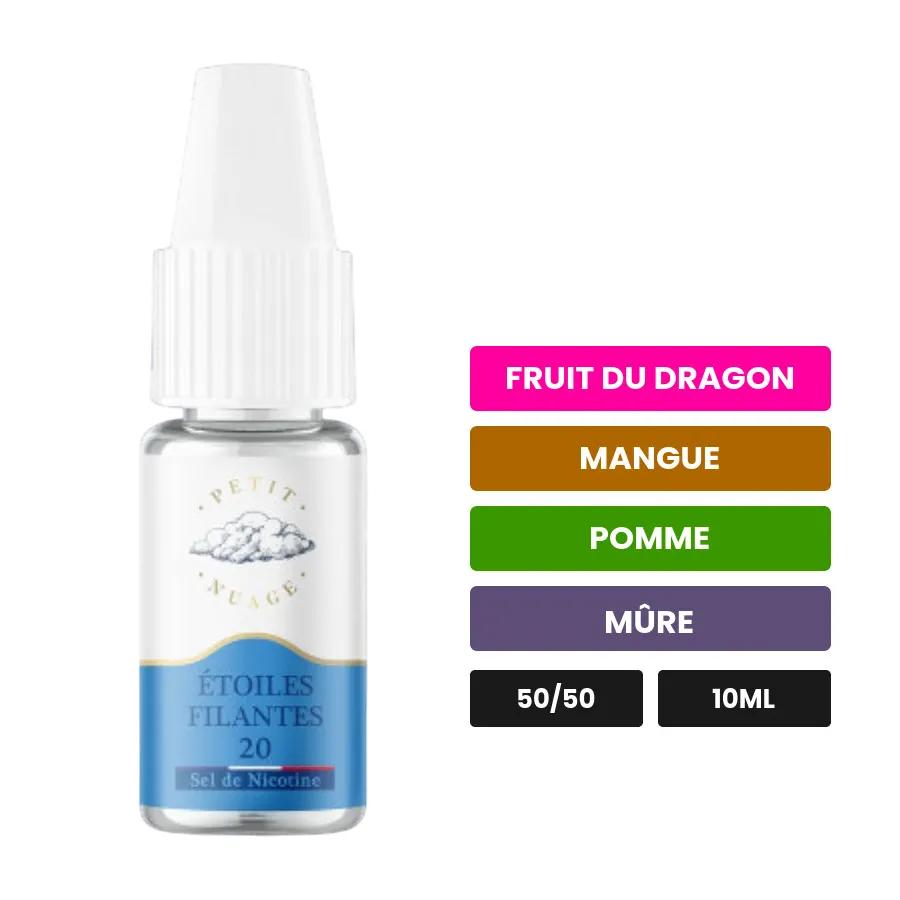 E-liquide Étoiles Filantes de Petit Nuage, 10 ml, saveurs fruit du dragon, mangue, pomme et 1 autre, 10 mg de nicotine.
