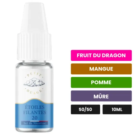 E-liquide Étoiles Filantes de Petit Nuage, 10 ml, saveurs fruit du dragon, mangue, pomme et 1 autre, 10 mg de nicotine.