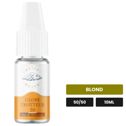 E-liquide Globe Trotteur de Petit Nuage, 10 ml, saveur blond, 10 mg de nicotine.