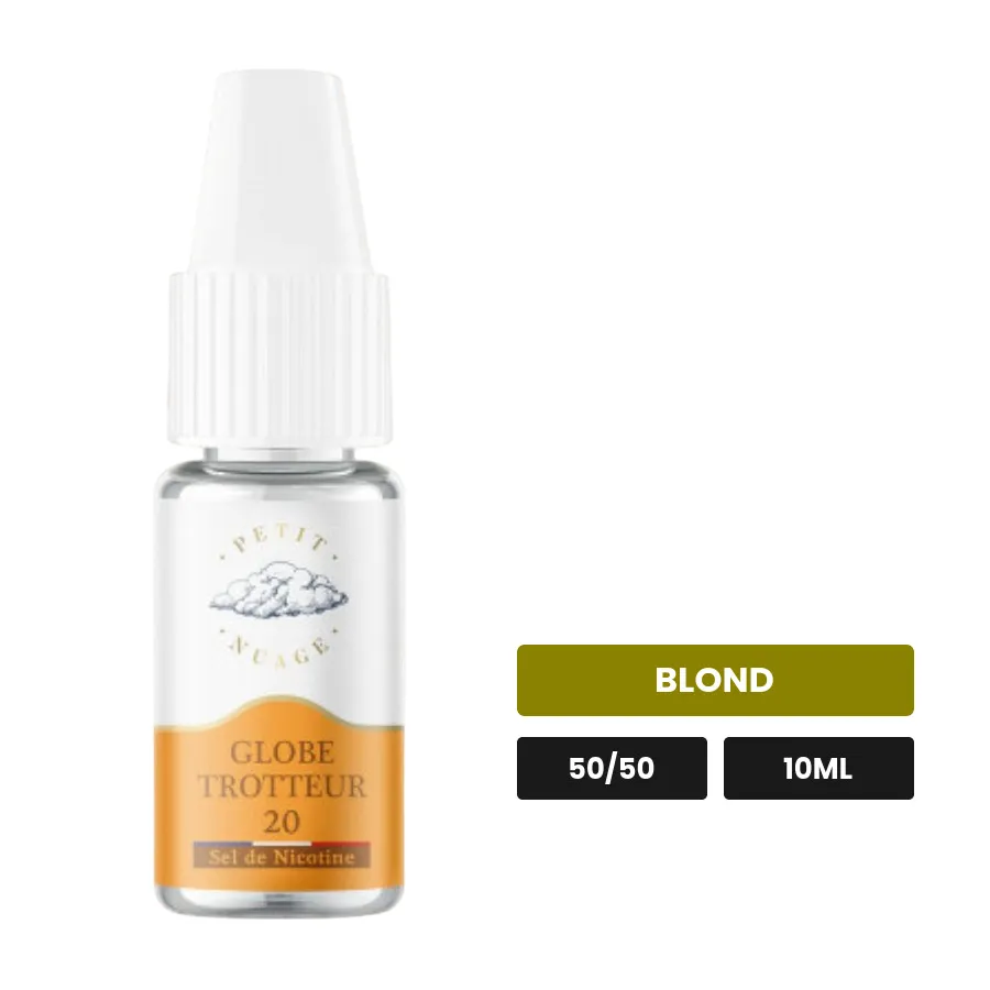E-liquide Globe Trotteur de Petit Nuage, 10 ml, saveur blond, 10 mg de nicotine.