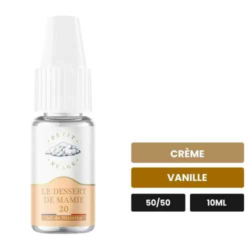 E-liquide Le Dessert de Mamie de Petit Nuage, 10 ml, saveurs crème et vanille, 10 mg de nicotine.