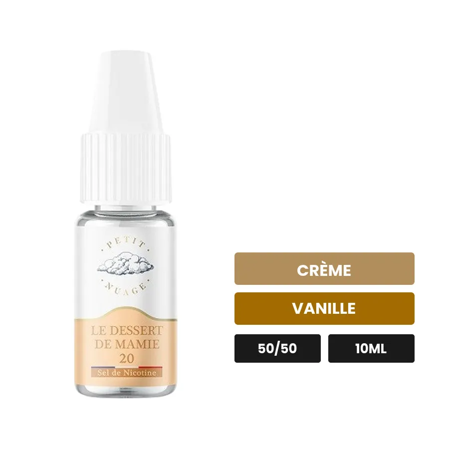 E-liquide Le Dessert de Mamie de Petit Nuage, 10 ml, saveurs crème et vanille, 10 mg de nicotine.