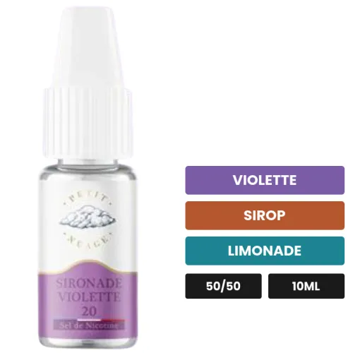 E-liquide Sironade Violette de Petit Nuage, 10 ml, saveurs violette, sirop et limonade, 10 mg de nicotine.