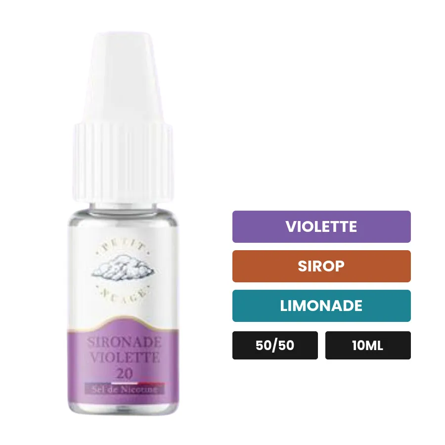 E-liquide Sironade Violette de Petit Nuage, 10 ml, saveurs violette, sirop et limonade, 10 mg de nicotine.