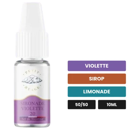 E-liquide Sironade Violette de Petit Nuage, 10 ml, saveurs violette, sirop et limonade, 10 mg de nicotine.
