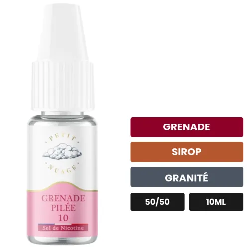 E-liquide Grenade Pilée de Petit Nuage, 10 ml, saveurs grenade, sirop et granité, 10 mg de nicotine.