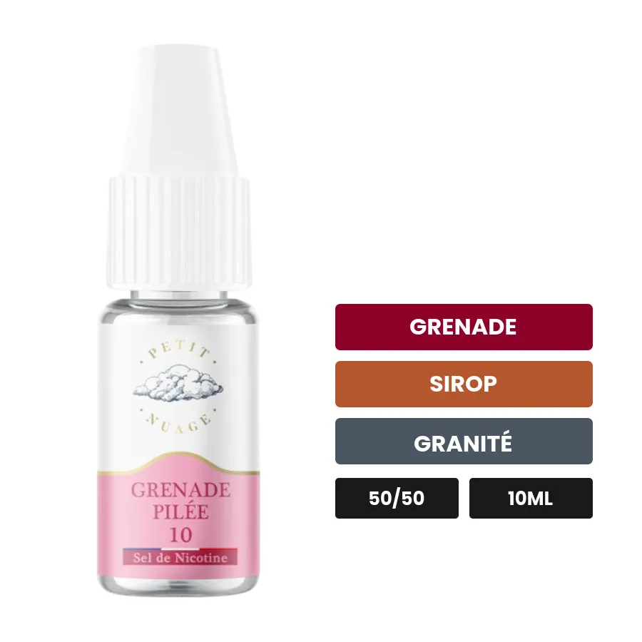 E-liquide Grenade Pilée de Petit Nuage, 10 ml, saveurs grenade, sirop et granité, 10 mg de nicotine.