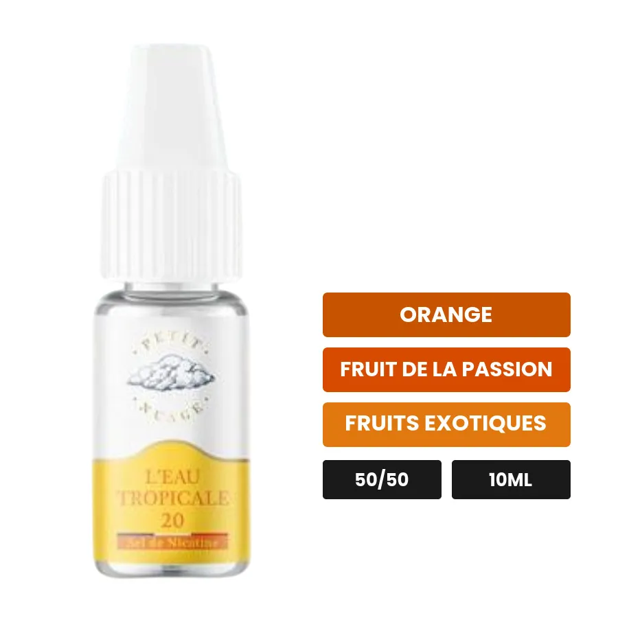 E-liquide L'Eau Tropicale de Petit Nuage, 10 ml, saveurs orange, fruit de la passion et fruits exotiques, 10 mg de nicotine.
