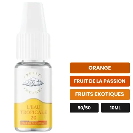 E-liquide L'Eau Tropicale de Petit Nuage, 10 ml, saveurs orange, fruit de la passion et fruits exotiques, 10 mg de nicotine.