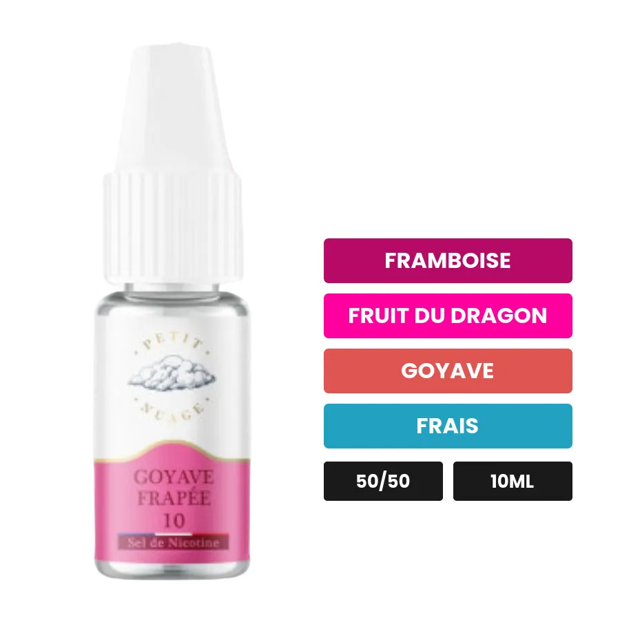 E-liquide Goyave Frappée de Petit Nuage, 10 ml, saveurs framboise, fruit du dragon, goyave et 1 autre, 10 mg de nicotine.