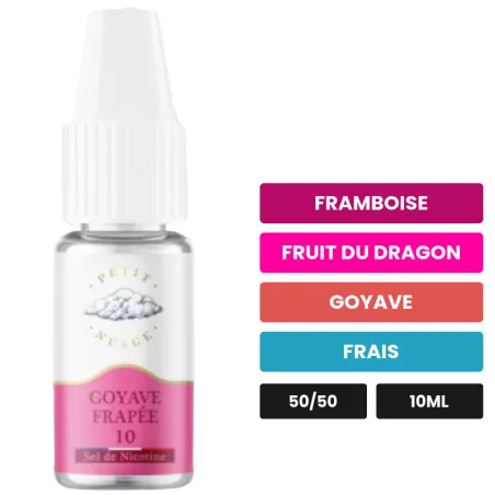 E-liquide Goyave Frappée de Petit Nuage, 10 ml, saveurs framboise, fruit du dragon, goyave et 1 autre, 10 mg de nicotine.