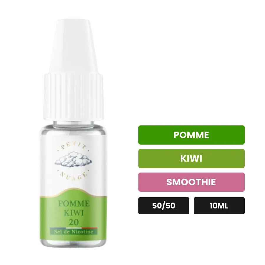 E-liquide Pomme Kiwi de Petit Nuage, 10 ml, saveurs pomme, kiwi et smoothie, 10 mg de nicotine.