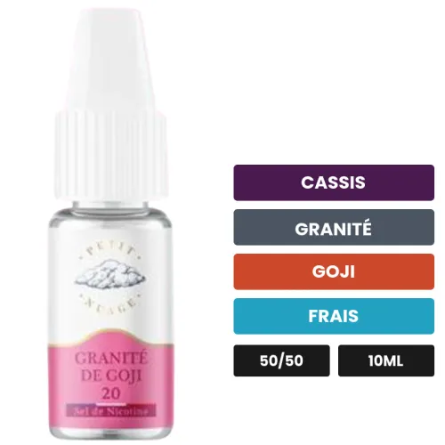 E-liquide Granité de Goji de Petit Nuage, 10 ml, saveurs cassis, granité, goji et 1 autre, 10 mg de nicotine.