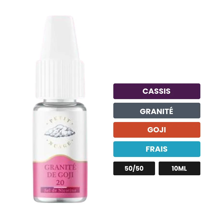 E-liquide Granité de Goji de Petit Nuage, 10 ml, saveurs cassis, granité, goji et 1 autre, 10 mg de nicotine.