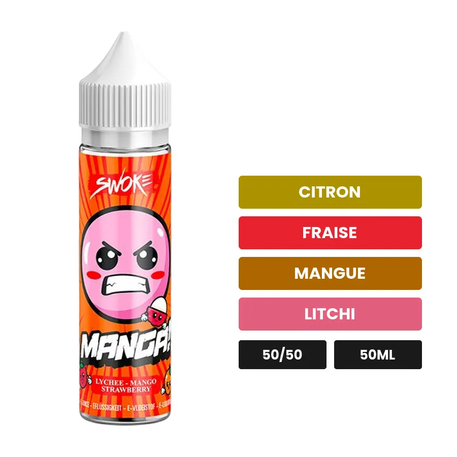 E-liquide Manga de Swoke, 50 ml, saveurs citron, fraise, mangue et 2 autres, sans nicotine — prêt à booster de nicotine.