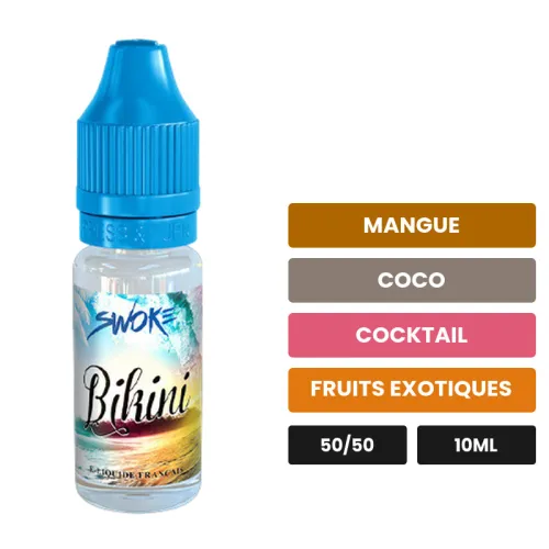 E-liquide Bikini de Swoke, 10 ml, saveurs mangue, coco, cocktail et 1 autre, contient de la nicotine — taux indiqué sur le.