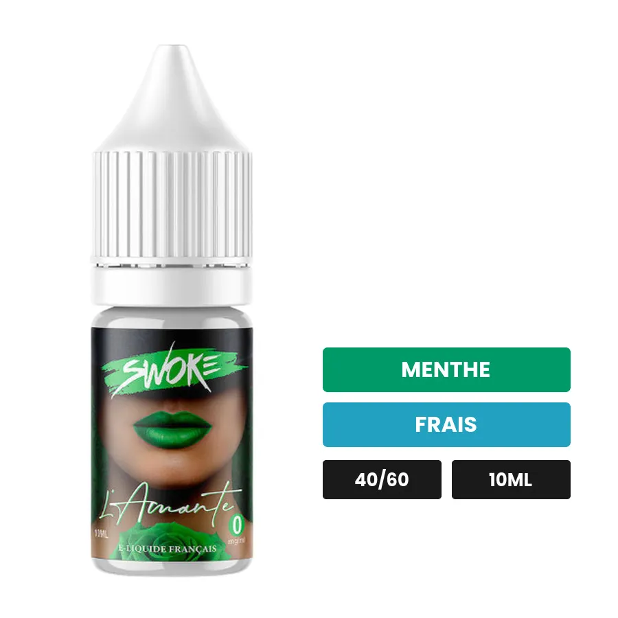 E-liquide L'Amante de Swoke, 10 ml, saveurs menthe et frais, contient de la nicotine — taux indiqué sur le produit de.