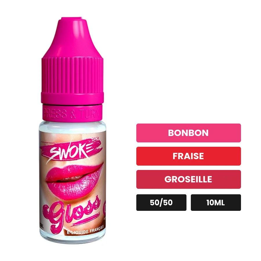 E-liquide Gloss de Swoke, 10 ml, saveurs bonbon, fraise et groseille.
