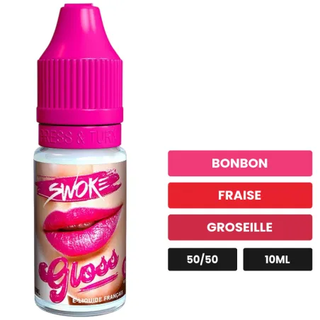 E-liquide Gloss de Swoke, 10 ml, saveurs bonbon, fraise et groseille.
