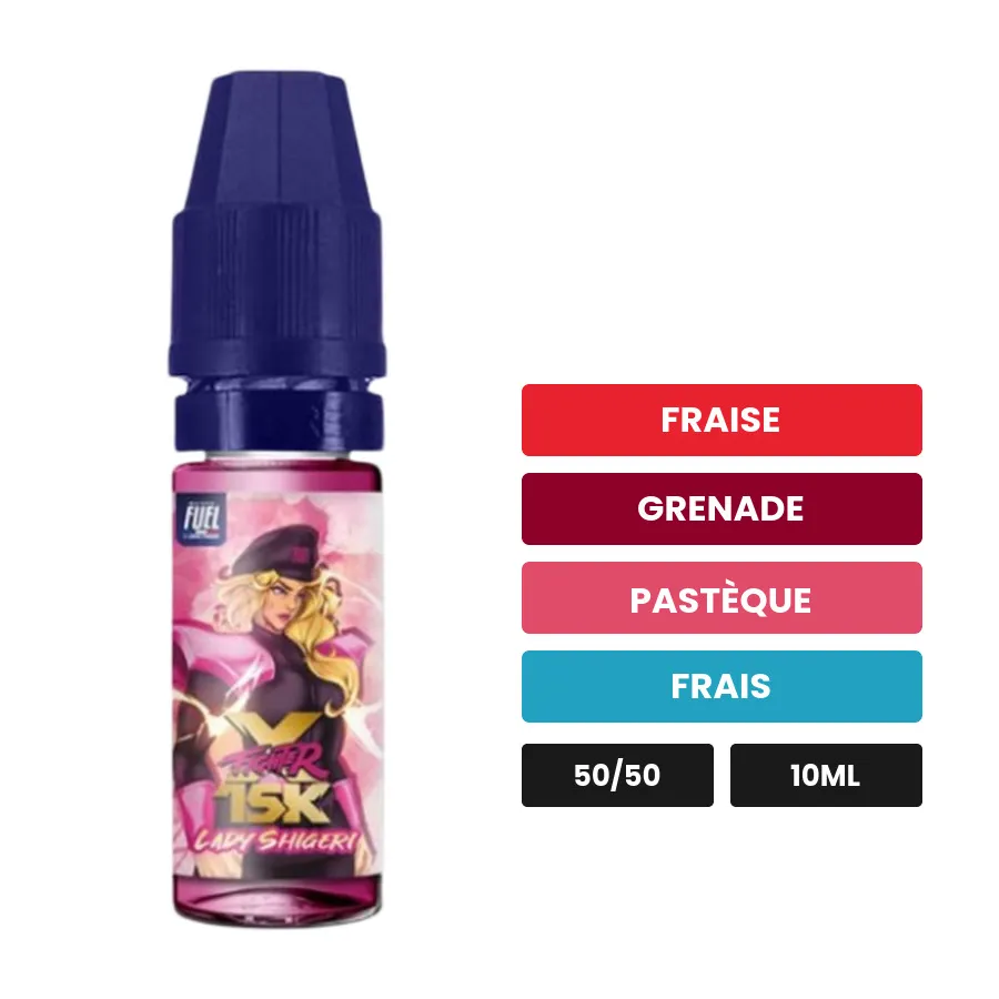 E-liquide Lady Shigeri de Maison Fuel, 10 ml, saveurs fraise, grenade, pastèque et 1 autre.