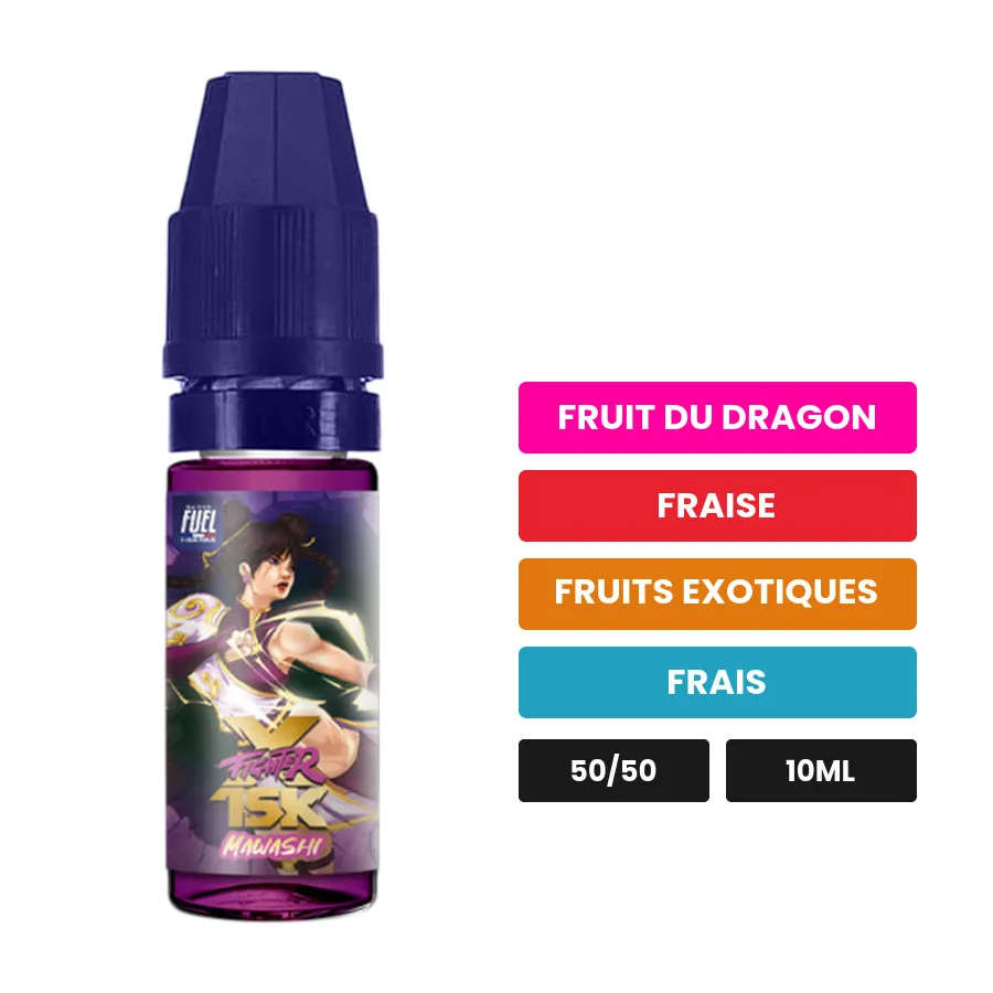 E-liquide Mawashi de Maison Fuel, 10 ml, saveurs fruit du dragon, fraise, fruits exotiques et 1 autre.