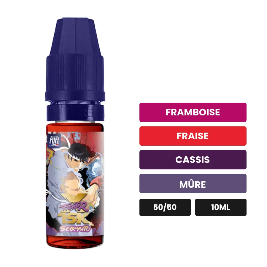 E-liquide Seiryuto de Maison Fuel, 10 ml, saveurs framboise, fraise, cassis et 3 autres.