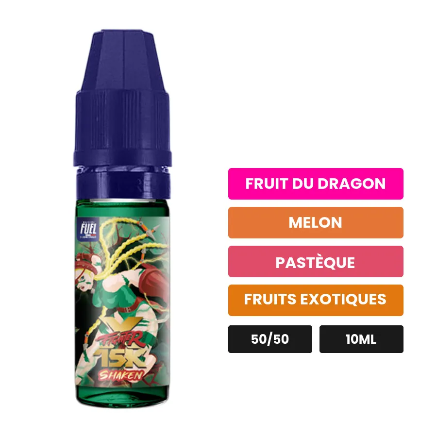 E-liquide Shaken de Maison Fuel, 10 ml, saveurs fruit du dragon, melon, pastèque et 2 autres.