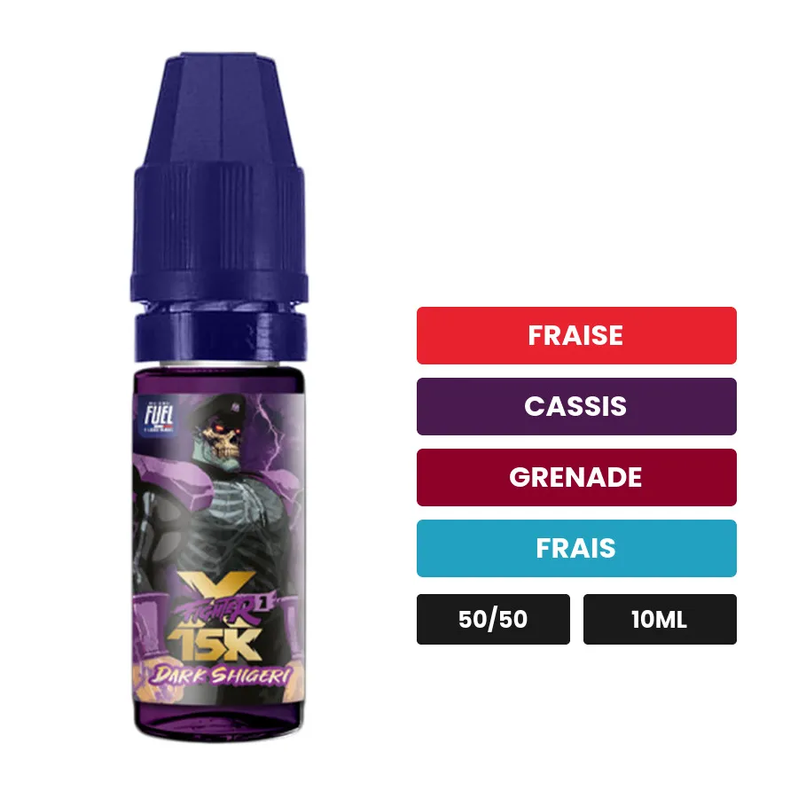 E-liquide Dark Shigeri de Maison Fuel, 10 ml, saveurs fraise, cassis, grenade et 1 autre.