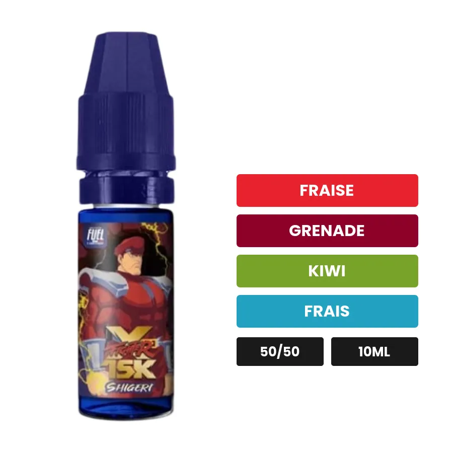 E-liquide Shigeri de Maison Fuel, 10 ml, saveurs fraise, grenade, kiwi et 1 autre.