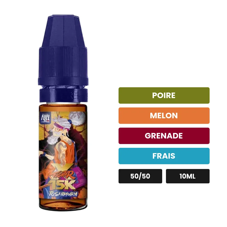 E-liquide Toshimura de Maison Fuel, 10 ml, saveurs poire, melon, grenade et 1 autre.