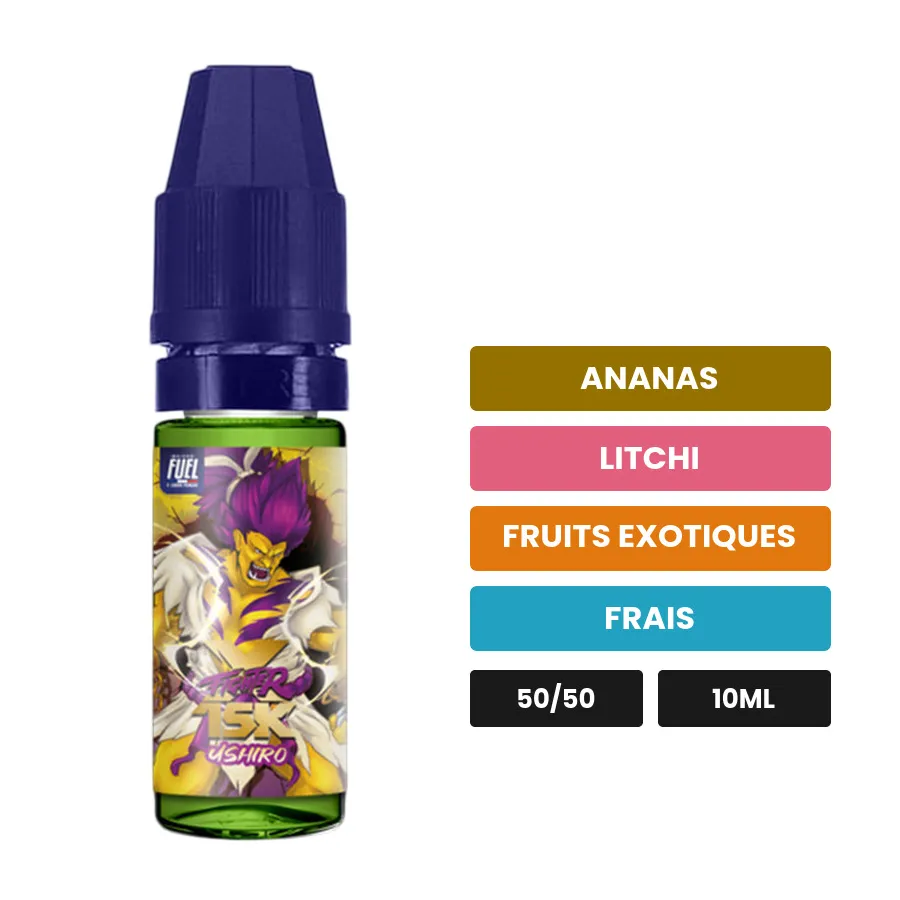 E-liquide Ushiro de Maison Fuel, 10 ml, saveurs ananas, litchi, fruits exotiques et 1 autre.