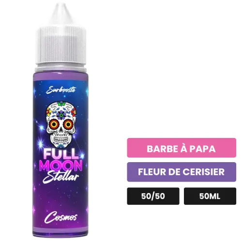 E-liquide Cosmos de Full Moon, 50 ml, saveurs barbe à papa et fleur de cerisier, sans nicotine — prêt à booster de nicotine.