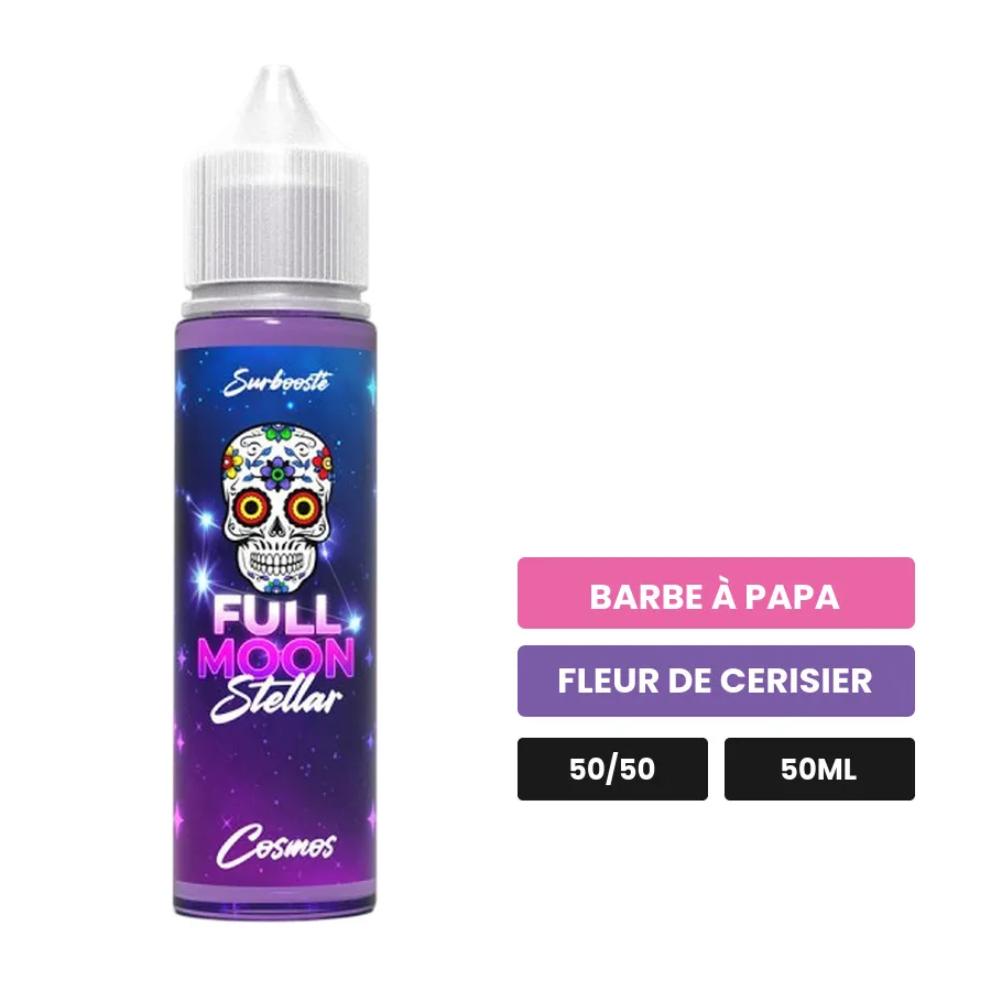 E-liquide Cosmos de Full Moon, 50 ml, saveurs barbe à papa et fleur de cerisier, sans nicotine — prêt à booster de nicotine.